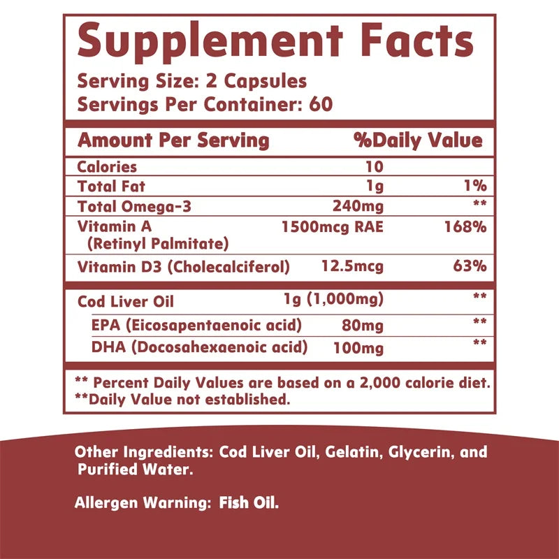Cod Liver Oil Capsules Vitamins A & D and DHA Support